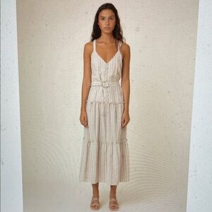 FRNCH Elise linen Cream striped belted ruffle skirt midi Dress- nwt